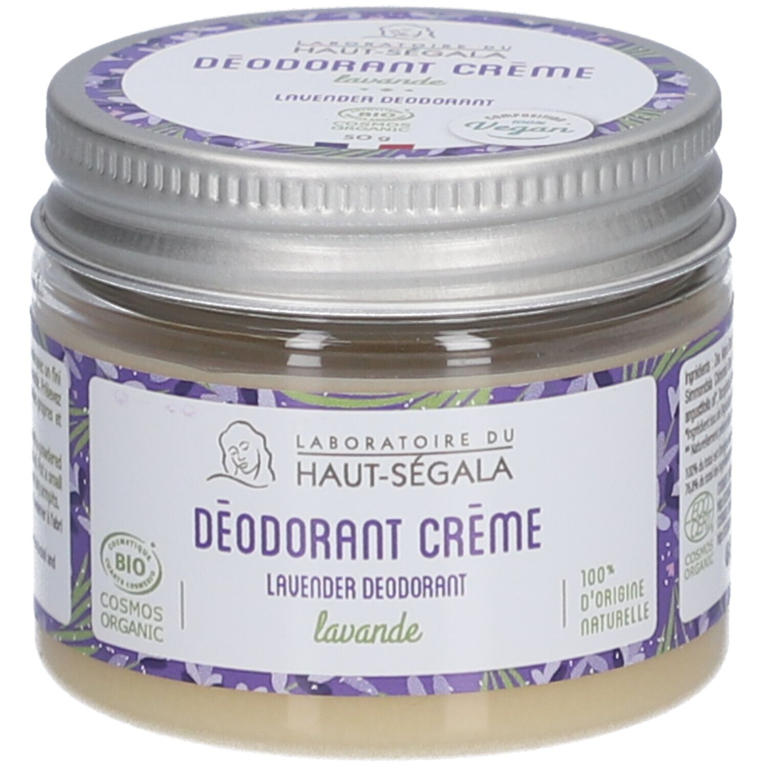 Deodorant Creme Lavendel in einem Glas. Label mit Logo und Text. Vegan-Siegel. Metallverschluss.