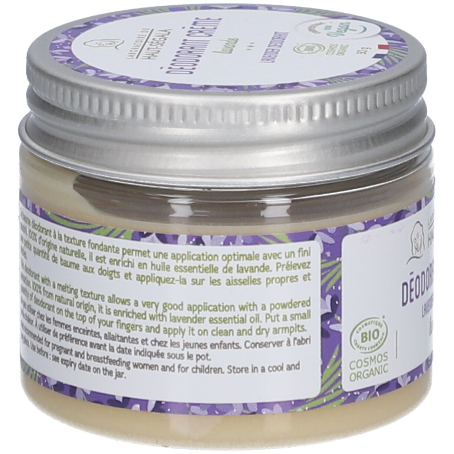 Glas mit Deodorant Creme Lavendel. Rückseite mit Text. Bio-Zertifizierung. Metallverschluss.