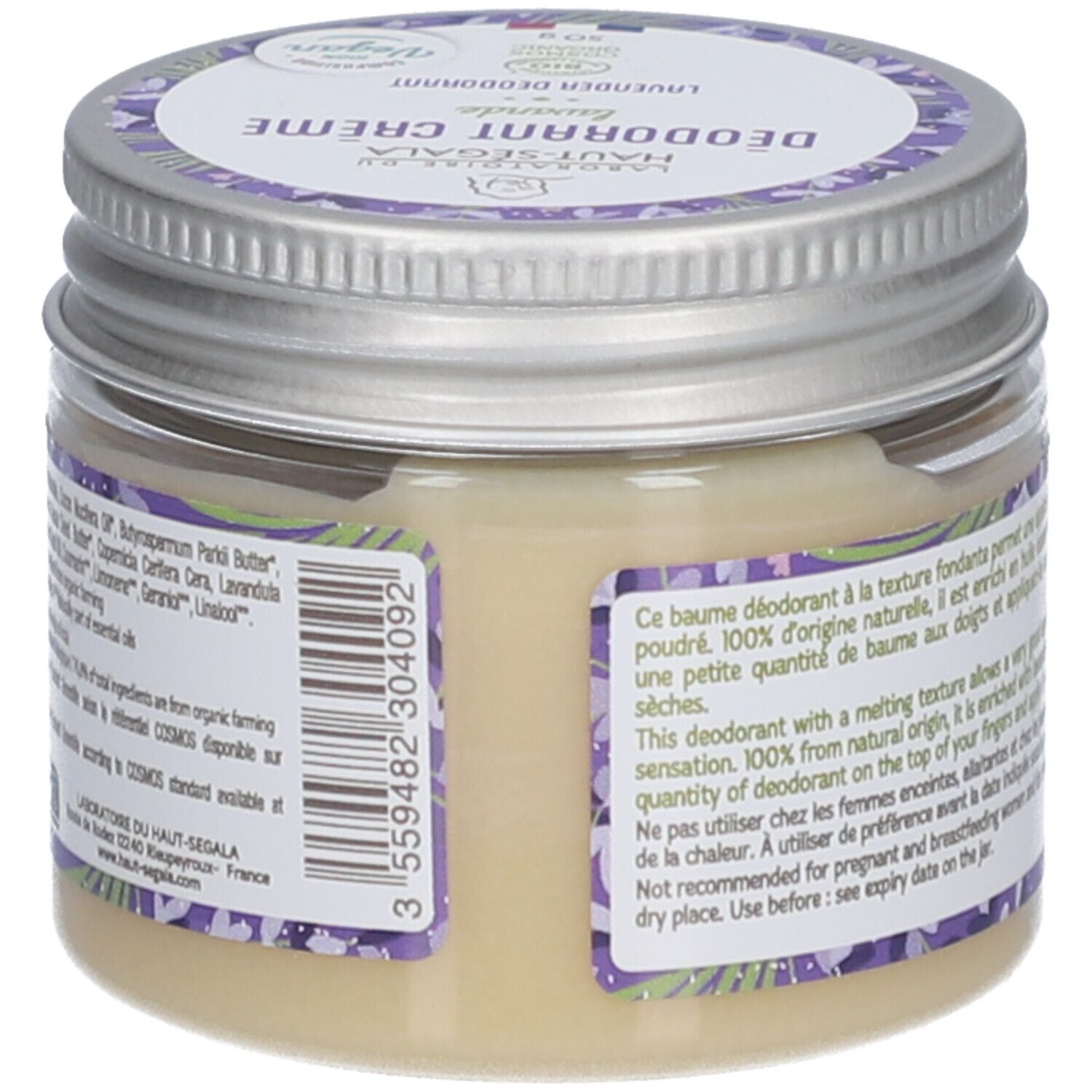 Glas mit Deodorant Creme Lavendel. Rückseite mit Text und Inhaltsstoffen. Metallverschluss.