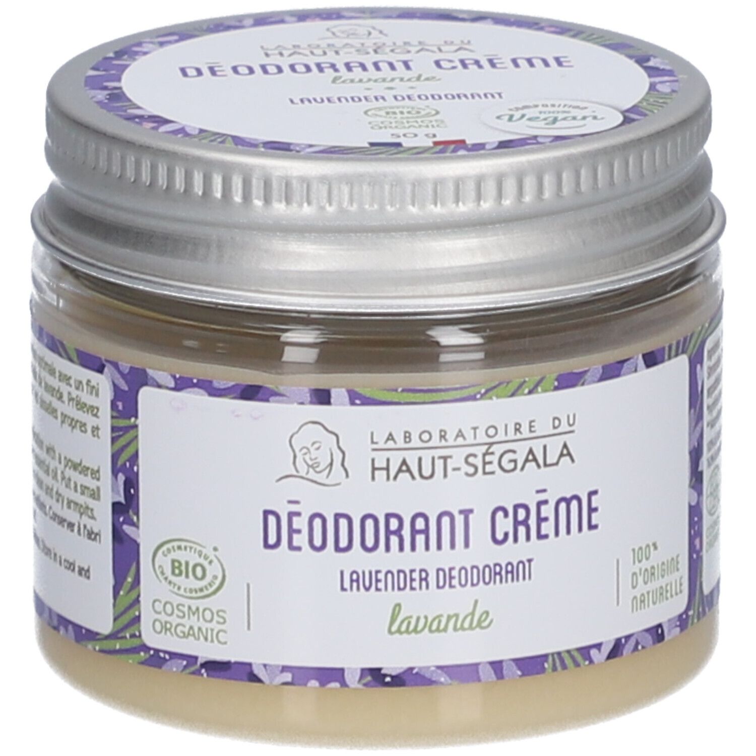 Deodorant Creme Lavendel in einem Glas. Label mit Logo und Text. Vegan-Siegel. Metallverschluss.