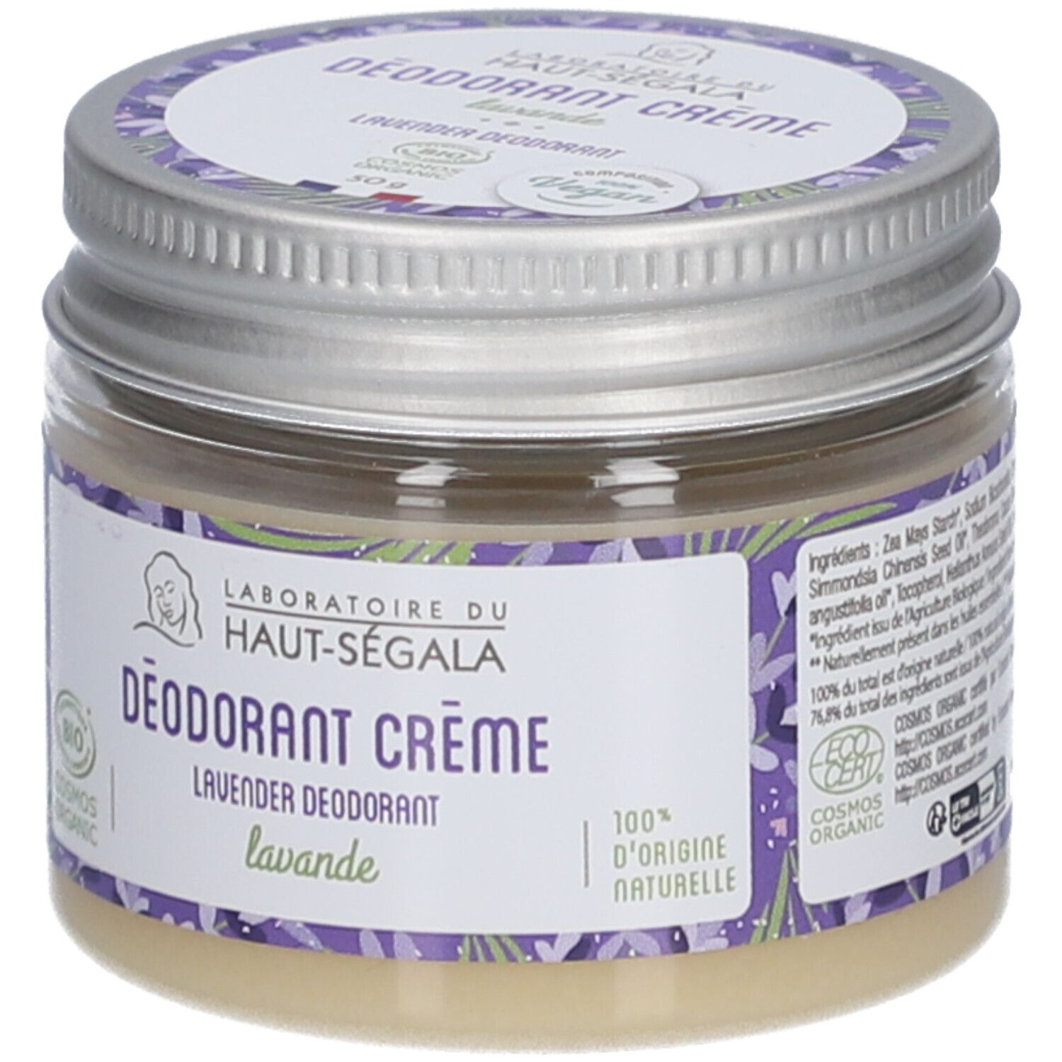 Glas mit Deodorant Creme Lavendel. Label mit Logo und Text. EcoCert-Zertifizierung. Metallverschluss.