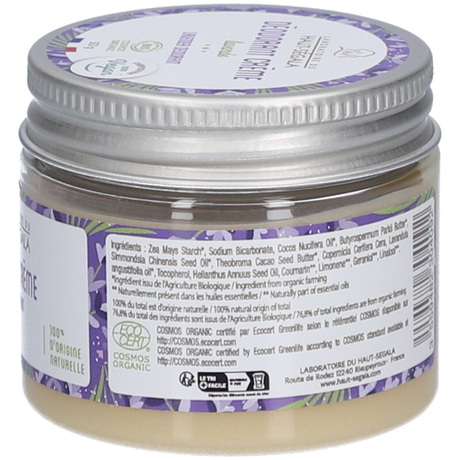 Glas mit Deodorant Creme Lavendel. Rückseite mit Text und Inhaltsstoffen. EcoCert-Zertifizierung. Metallverschluss.