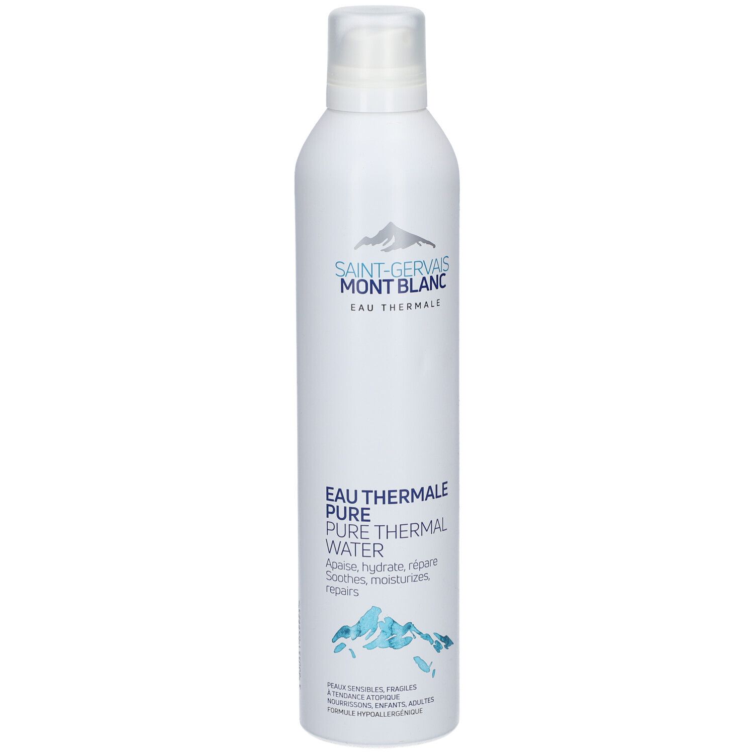 Spray blanc avec nom et logo du produit. Texte: Eau Thermale Pure Thermal Water. Illustration d'une montagne.