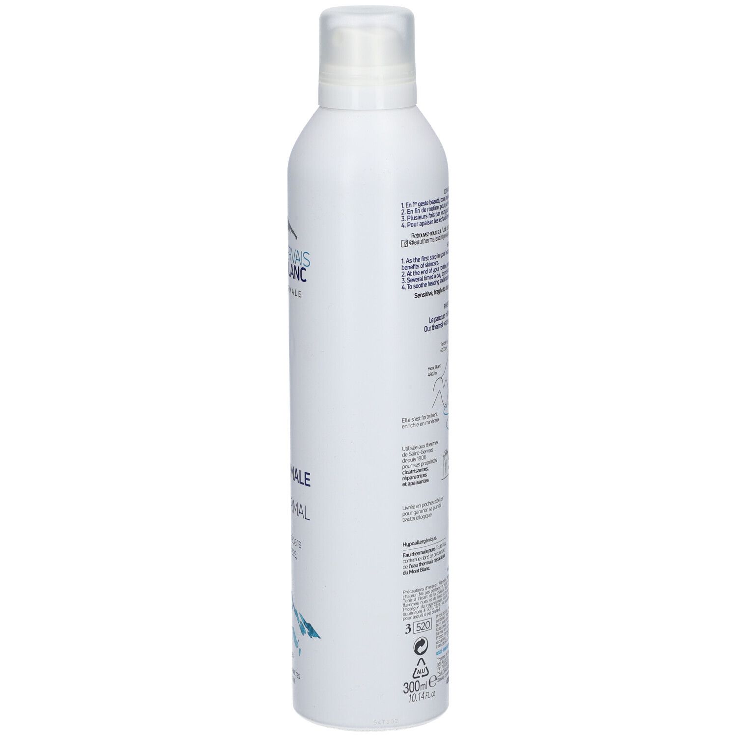 Côté du spray blanc. Texte et illustrations indiquant les instructions d'utilisation et les ingrédients. 300ml.