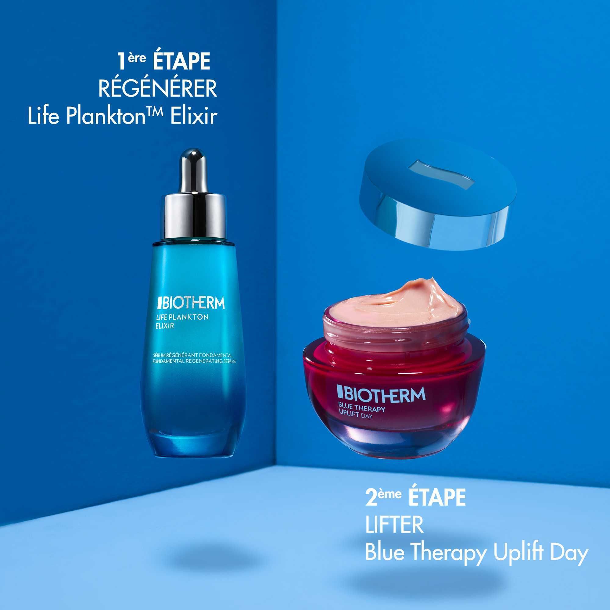 BIOTHERM Life Plankton Elixir et pot de crème. Texte : 1ère ÉTAPE RÉGÉNÉRER, 2ème ÉTAPE LIFTER.