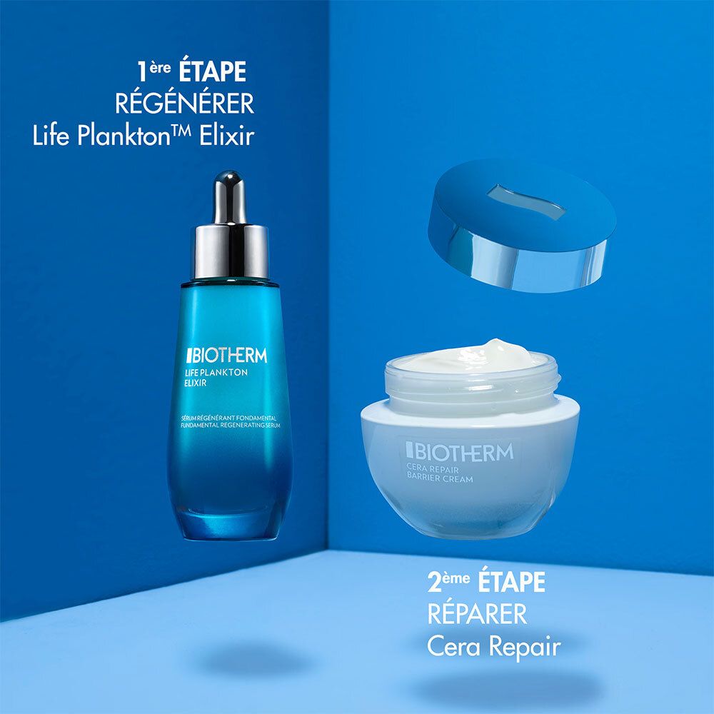 BIOTHERM Life Plankton Elixir et pot de crème. Texte : 1ère ÉTAPE RÉGÉNÉRER, 2ème ÉTAPE RÉPARER.