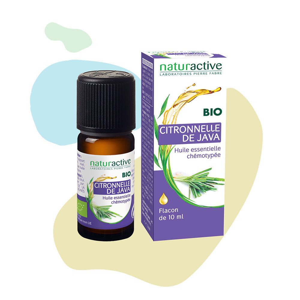 Flacon en verre brun avec bouchon noir et étiquette violette. Boîte avec informations produit et logo à côté.