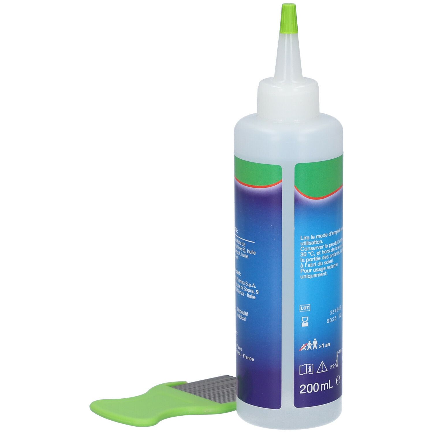 Flacon Mylan Duo Anti-poux et lentes avec bouchon vert et peigne. Inscription: 200ml.