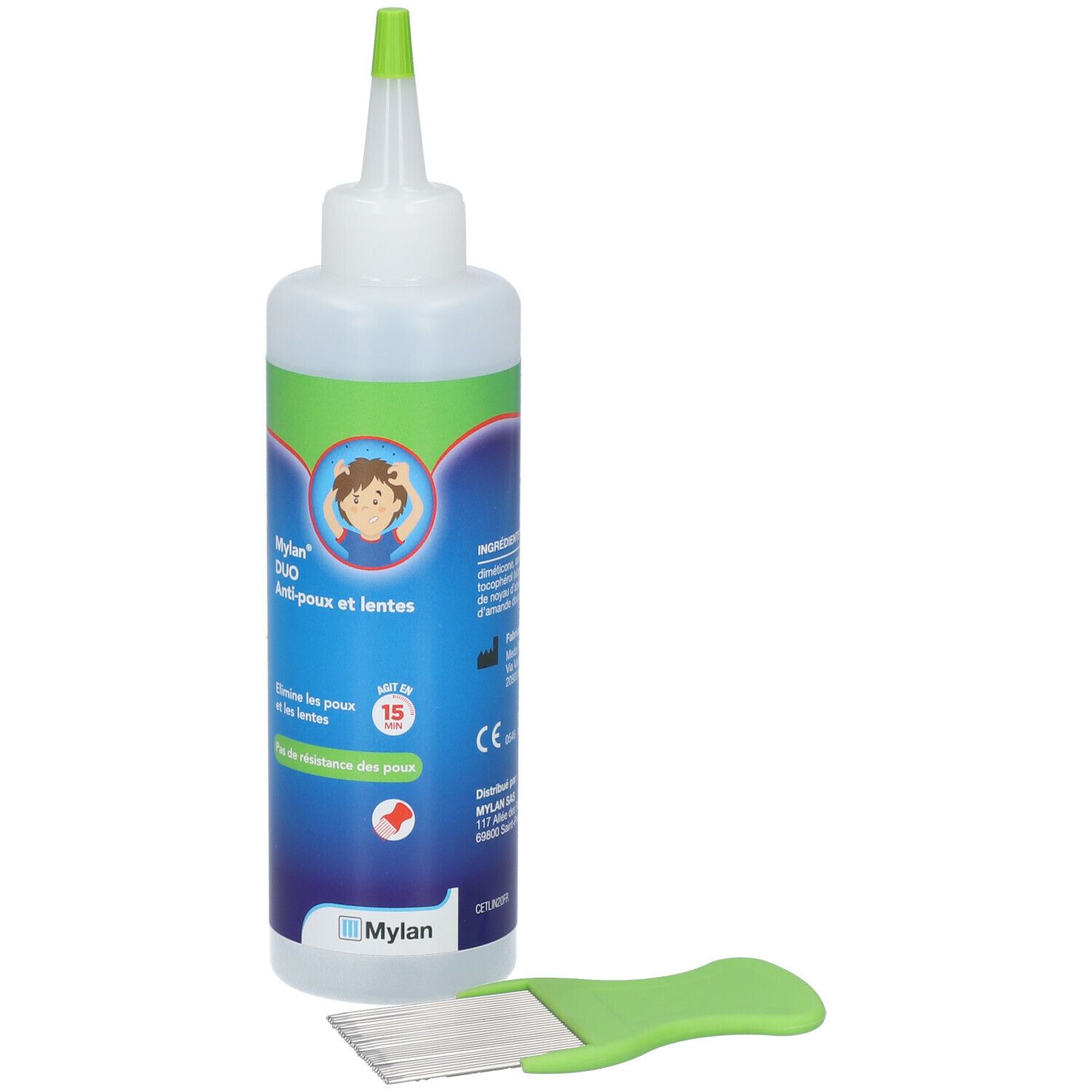Flacon Mylan Duo Anti-poux et lentes avec bouchon vert et peigne. Inscription: Elimine les poux et les lentes.