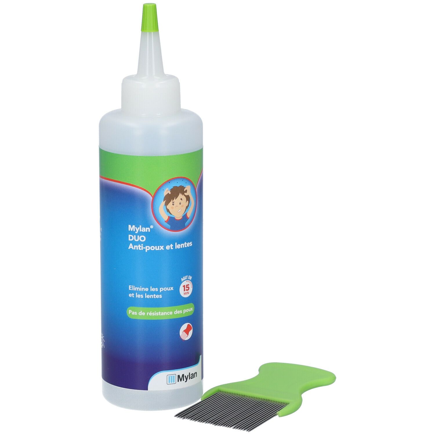 Flacon Mylan Duo Anti-poux et lentes avec bouchon vert et peigne. Inscription: Elimine les poux et les lentes.