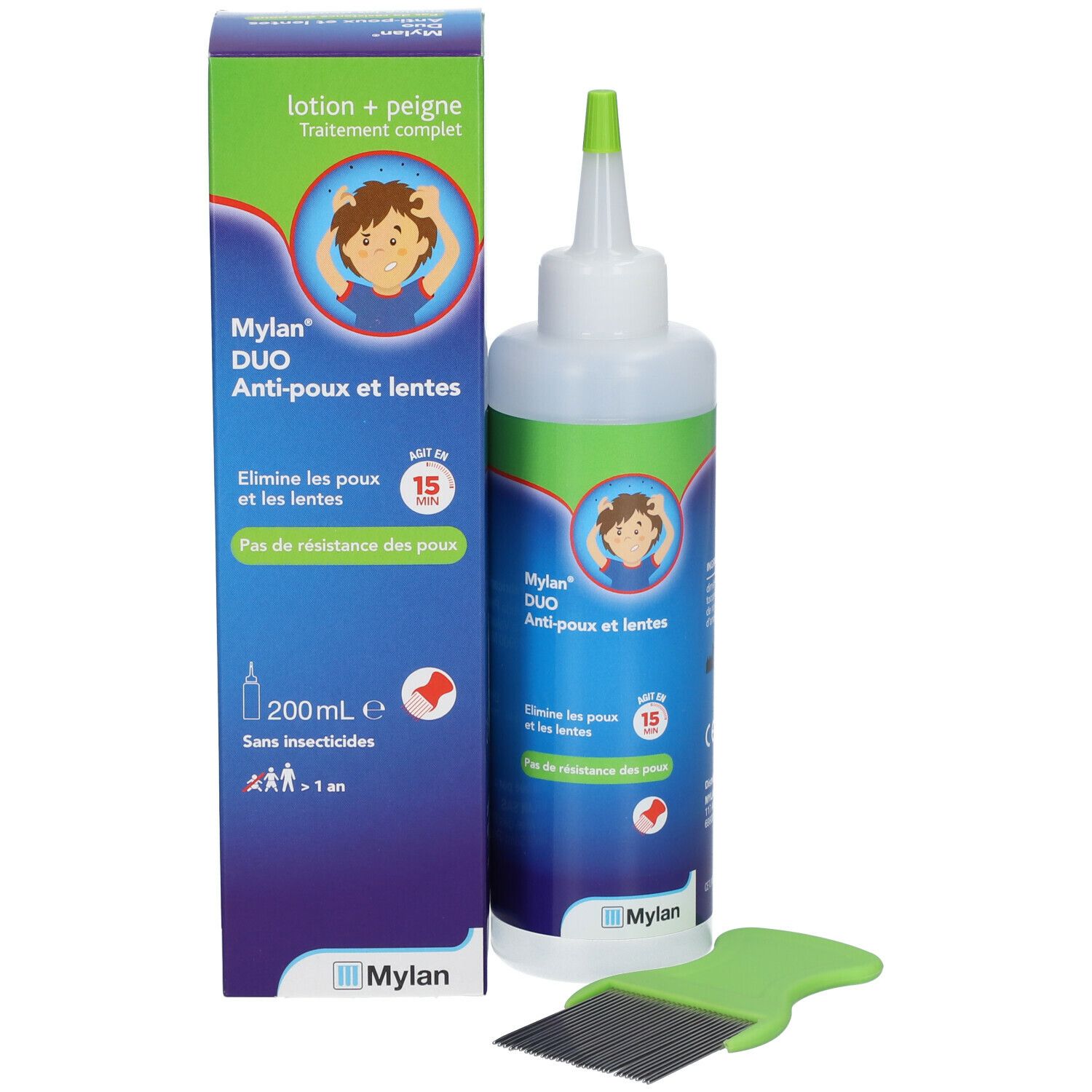 Emballage Mylan Duo Anti-poux et lentes avec flacon et peigne. Inscription: 200ml, Sans insecticides.