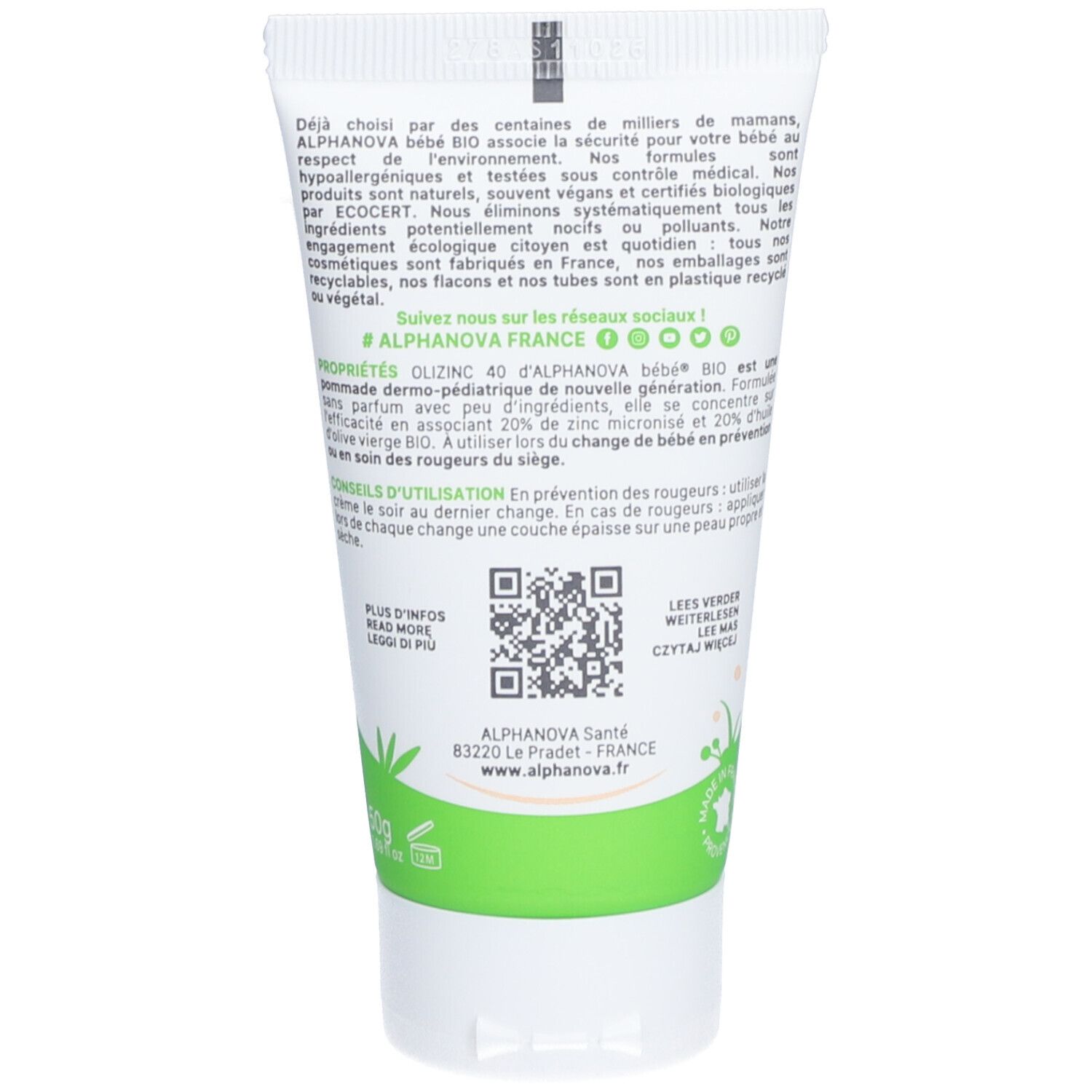 Rückseite der Tube. Text in mehreren Sprachen. QR-Code und Informationen zur Marke Alphanova.