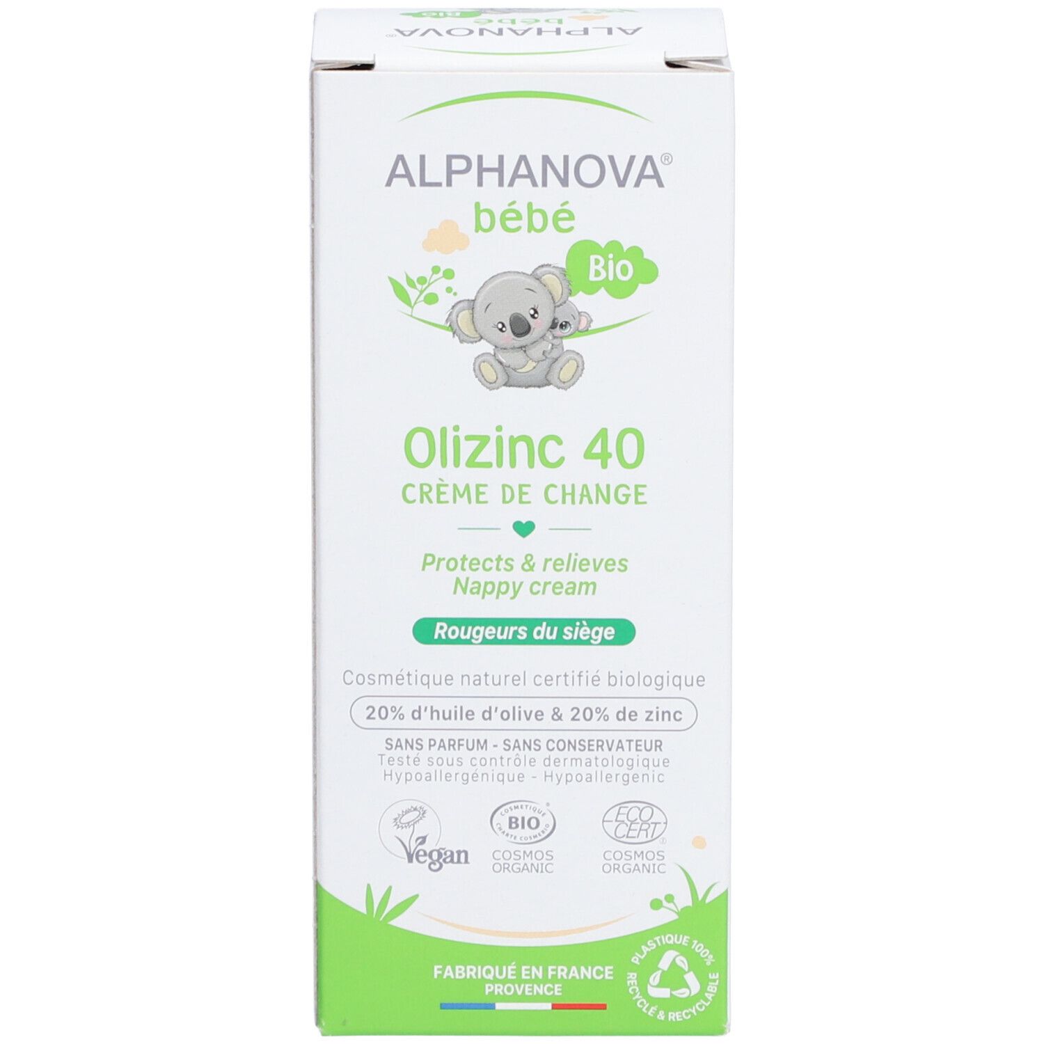 Produktverpackung. Weiß mit grünen Akzenten. Aufschrift: Alphanova bébé, Olizinc 40, Crème de Change. Bio-Zertifizierung.