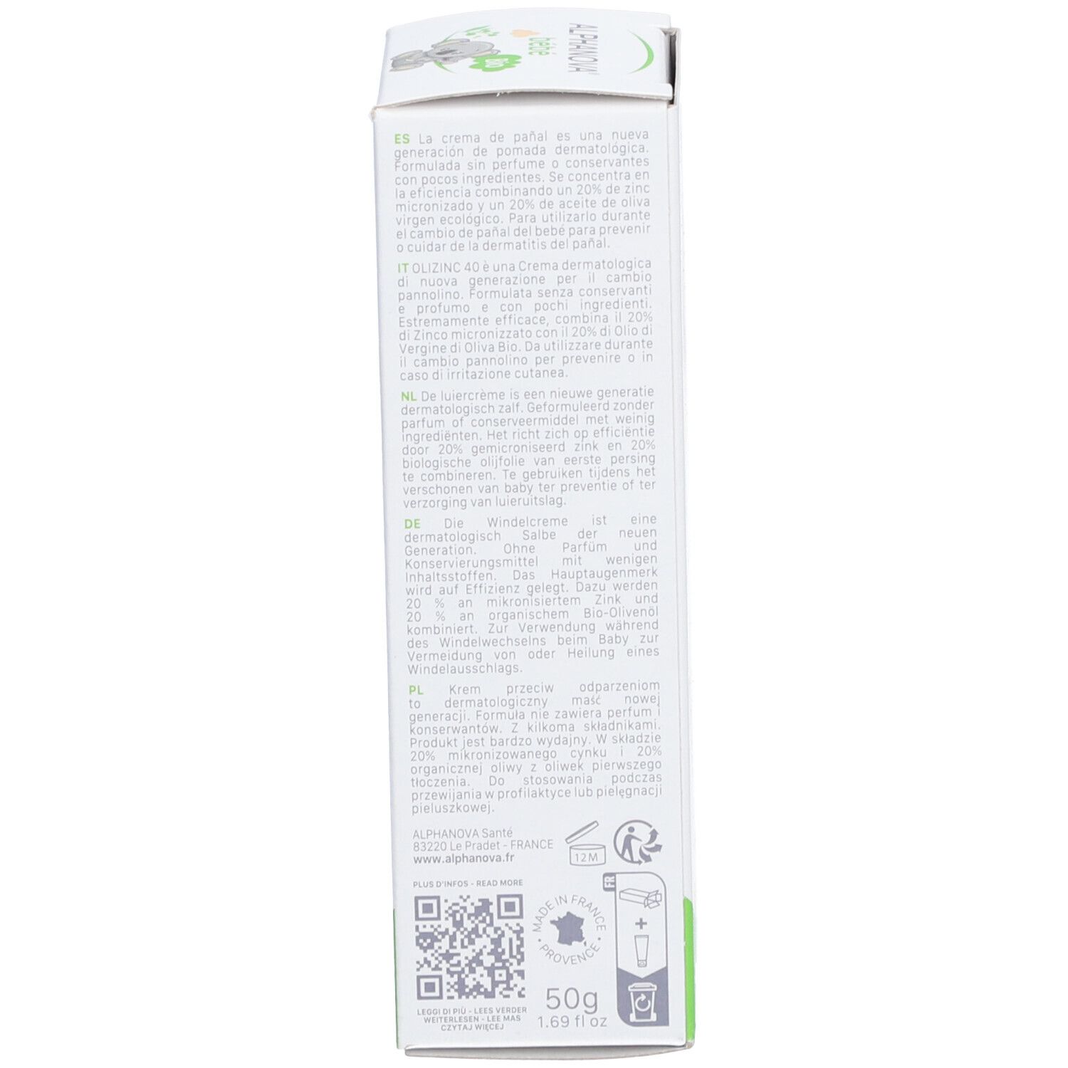 Seite der Produktverpackung. Text in mehreren Sprachen. Gewicht: 50g.