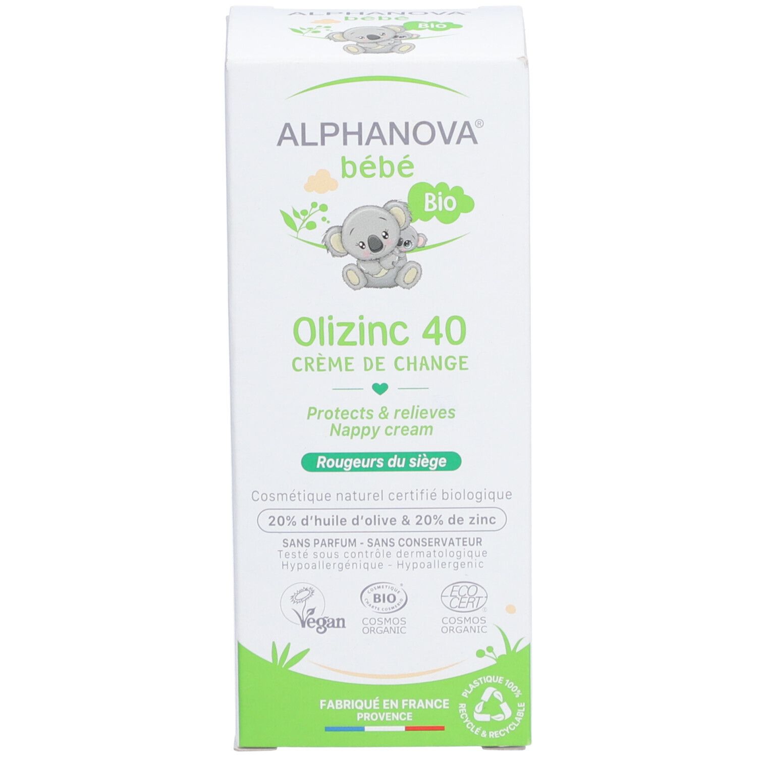 Produktverpackung. Weiß mit grünen Akzenten. Aufschrift: Alphanova bébé, Olizinc 40, Crème de Change. Bio-Zertifizierung.