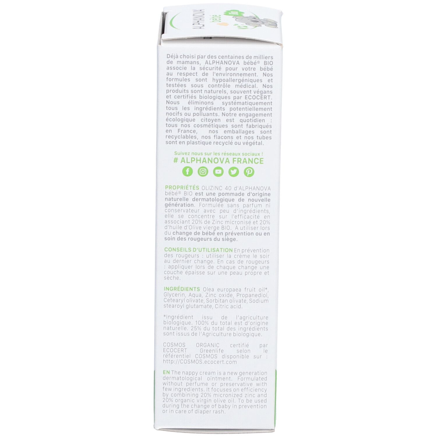 Rückseite der Produktverpackung. Text in mehreren Sprachen. Informationen zu Inhaltsstoffen und Zertifizierungen.