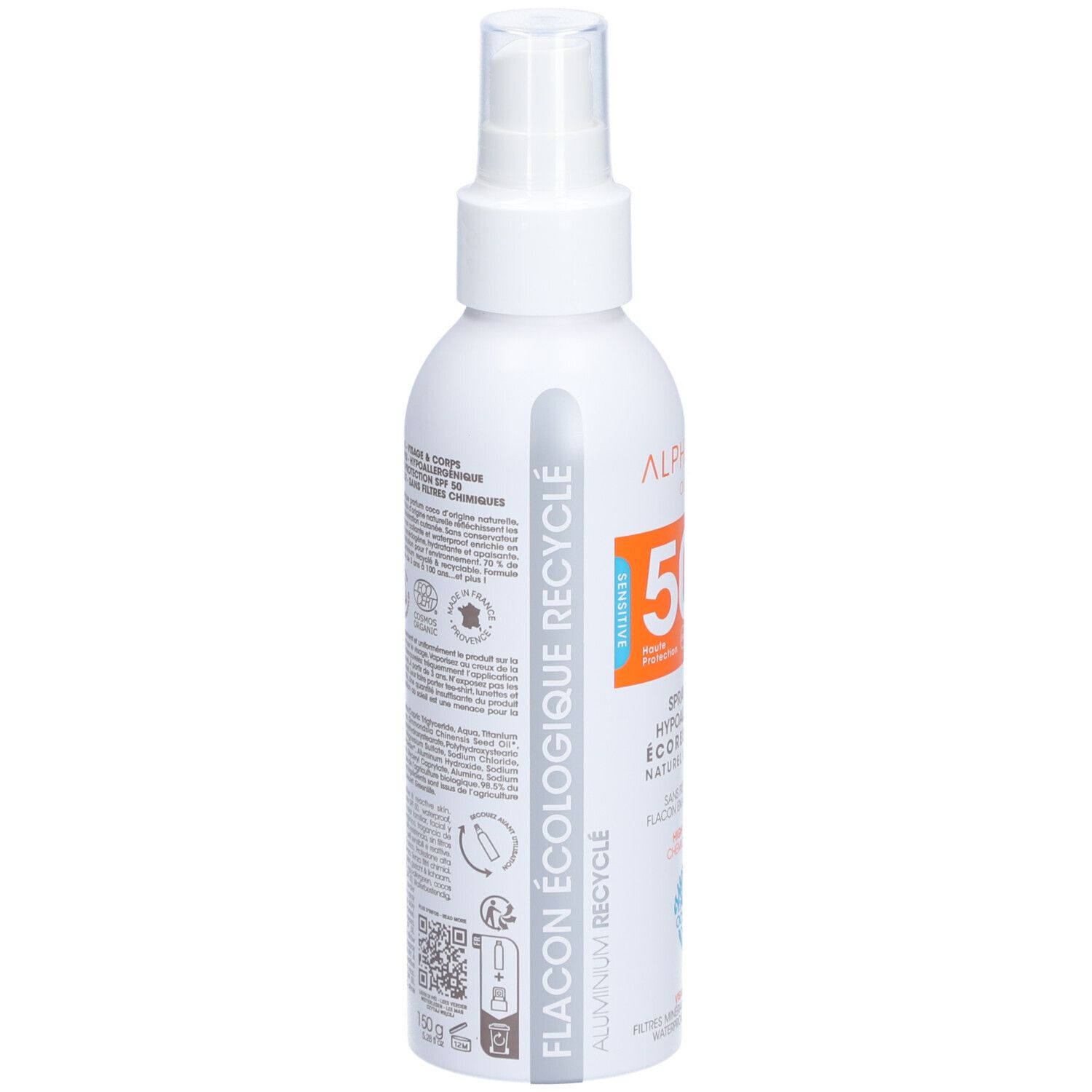 Dos du flacon spray blanc. Texte: Flacon écologique recyclé. Informations sur les ingrédients et certifications.