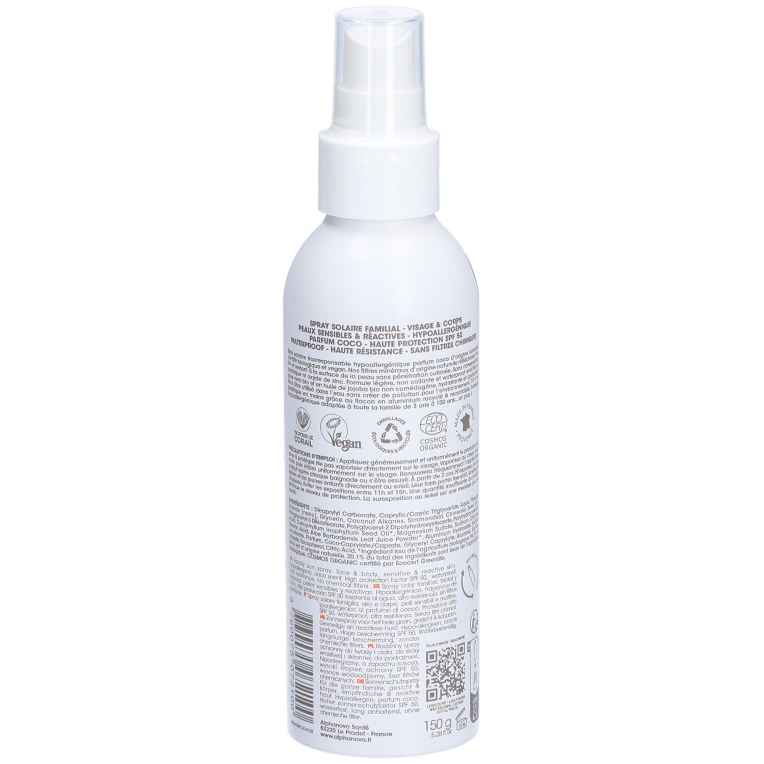 Dos du flacon spray blanc. Texte et logos. Informations sur les ingrédients, certifications et fabricant.