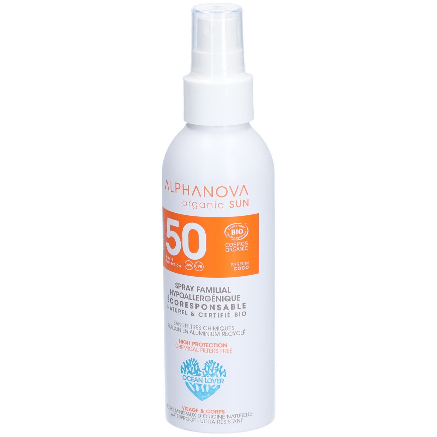 Spray blanc avec étiquette orange. Inscription: Alphanova organic SUN, 50, certification BIO. Flacon avec pulvérisateur.