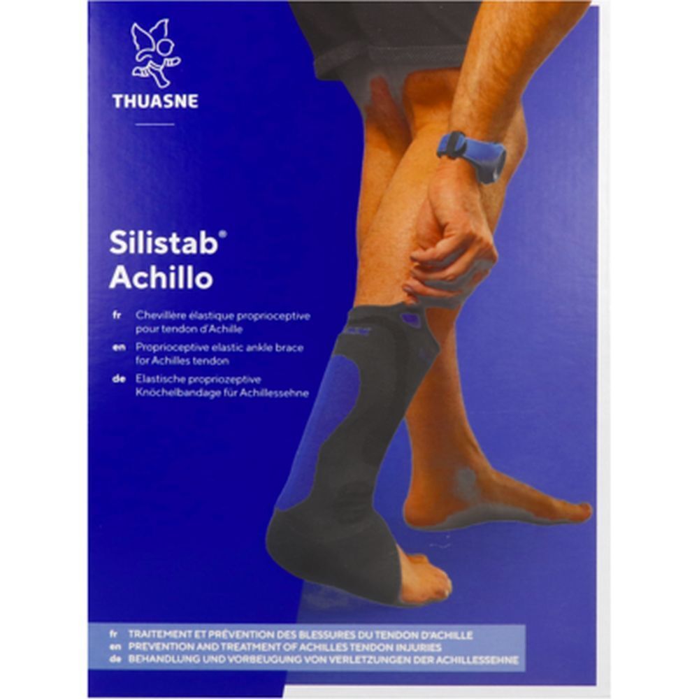 Emballage avec attelle de cheville. Nom du produit : Silistab Achillo. Marque Thuasne. Inscriptions multilingues.