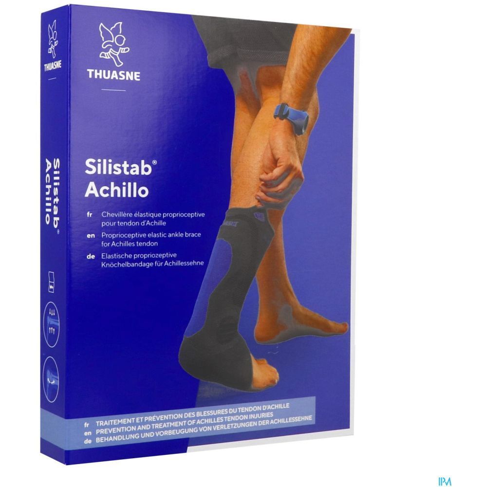 Emballage avec attelle de cheville. Nom du produit : Silistab Achillo. Marque Thuasne. Inscriptions multilingues.
