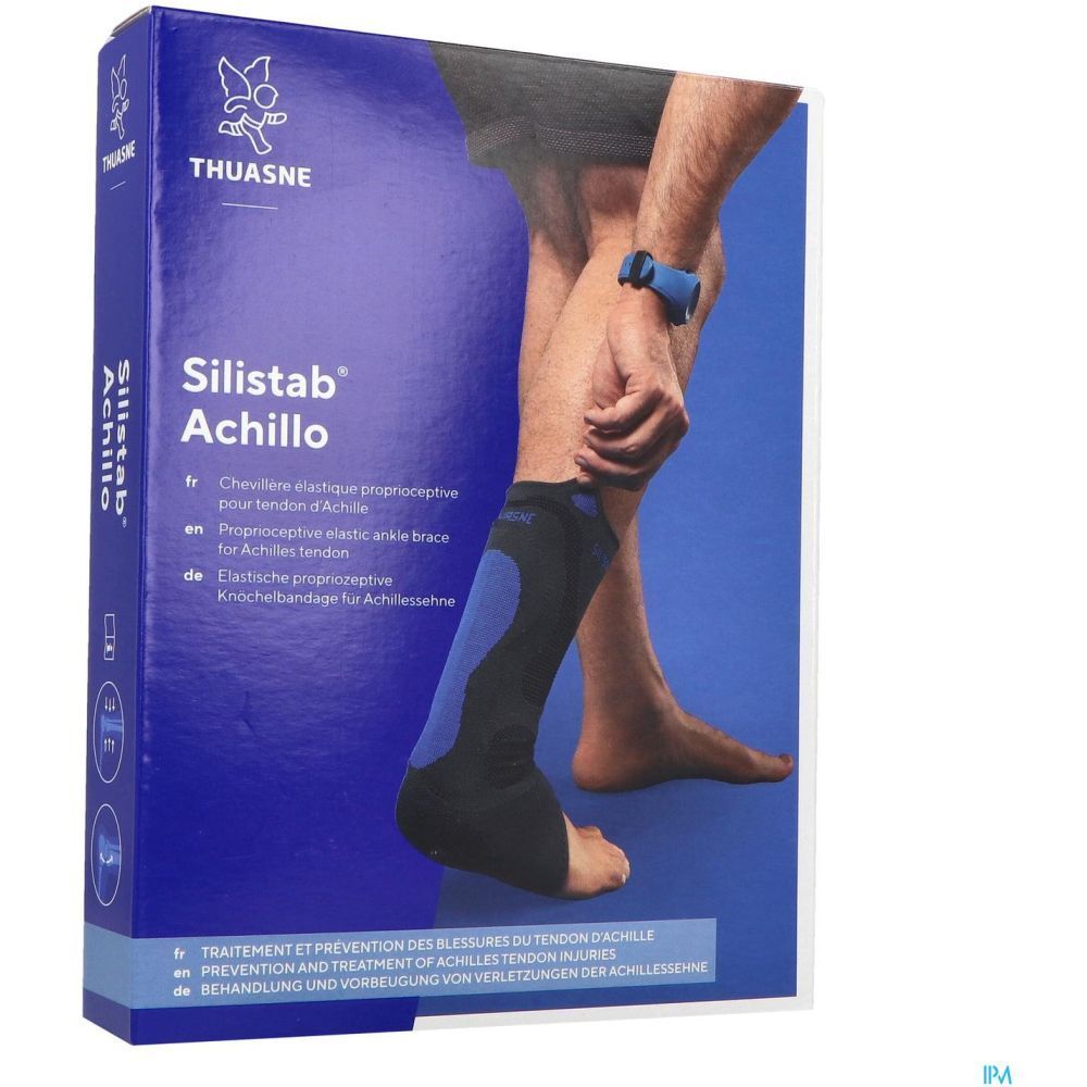Emballage avec attelle de cheville. Nom du produit : Silistab Achillo. Marque Thuasne. Inscriptions multilingues.