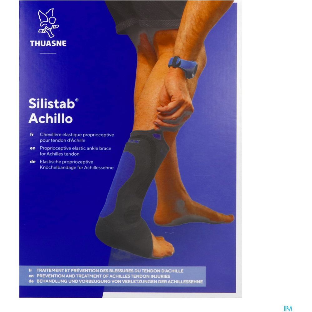 Emballage avec attelle de cheville. Nom du produit : Silistab Achillo. Marque Thuasne. Inscriptions multilingues.