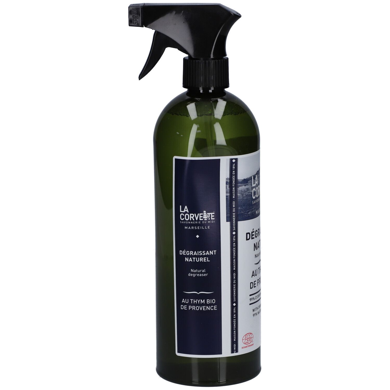 Groene spuitfles met zwarte spuitkop. Etiket met productnaam en logo.
