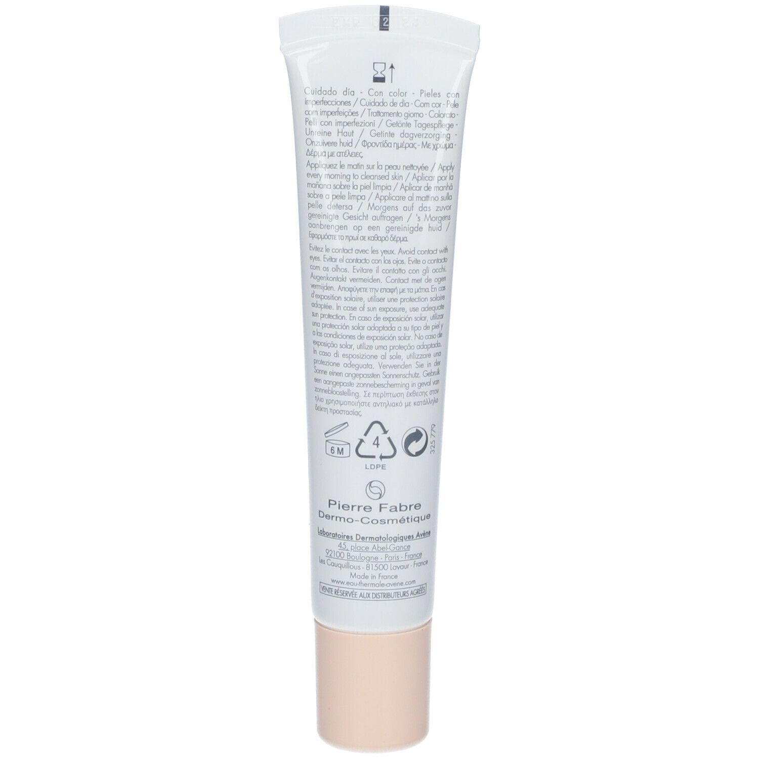 Dos du tube de crème. Texte multilingue. Fabricant: Pierre Fabre Dermo-Cosmétique. Symboles de recyclage.