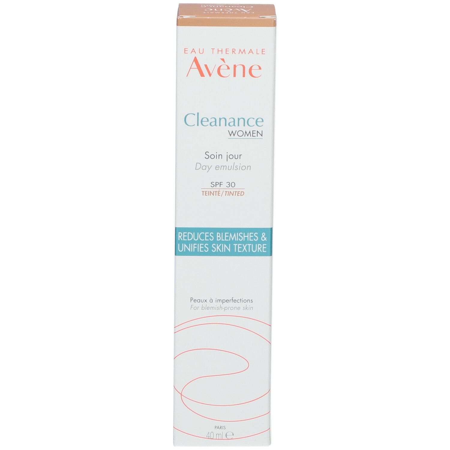 Emballage en carton. Inscriptions: Eau Thermale Avène, Cleanance WOMEN, Soin jour, SPF 30. Réduit les imperfections.