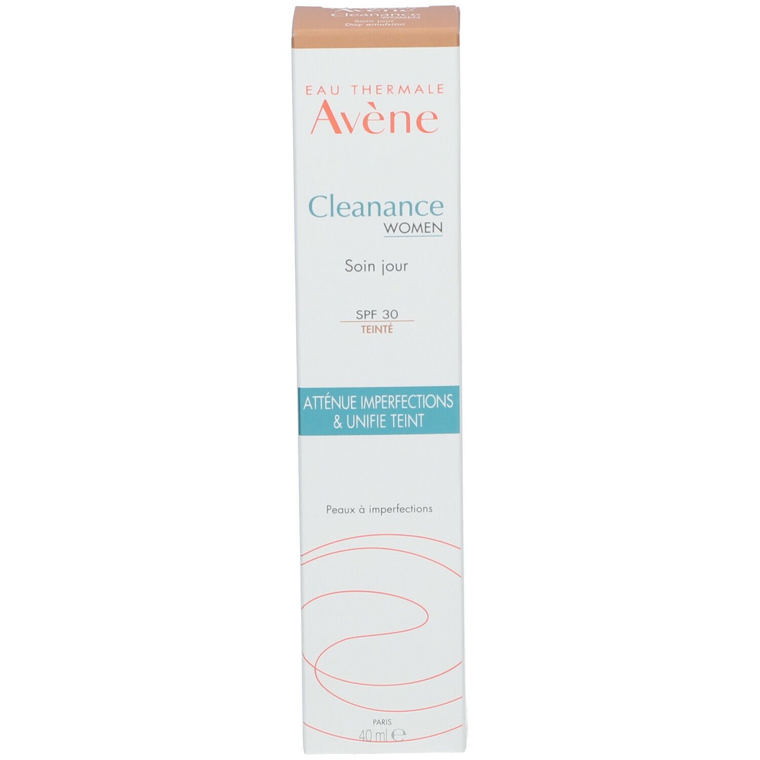 Emballage en carton. Inscriptions: Eau Thermale Avène, Cleanance WOMEN, Soin jour, SPF 30. Atténue les imperfections.