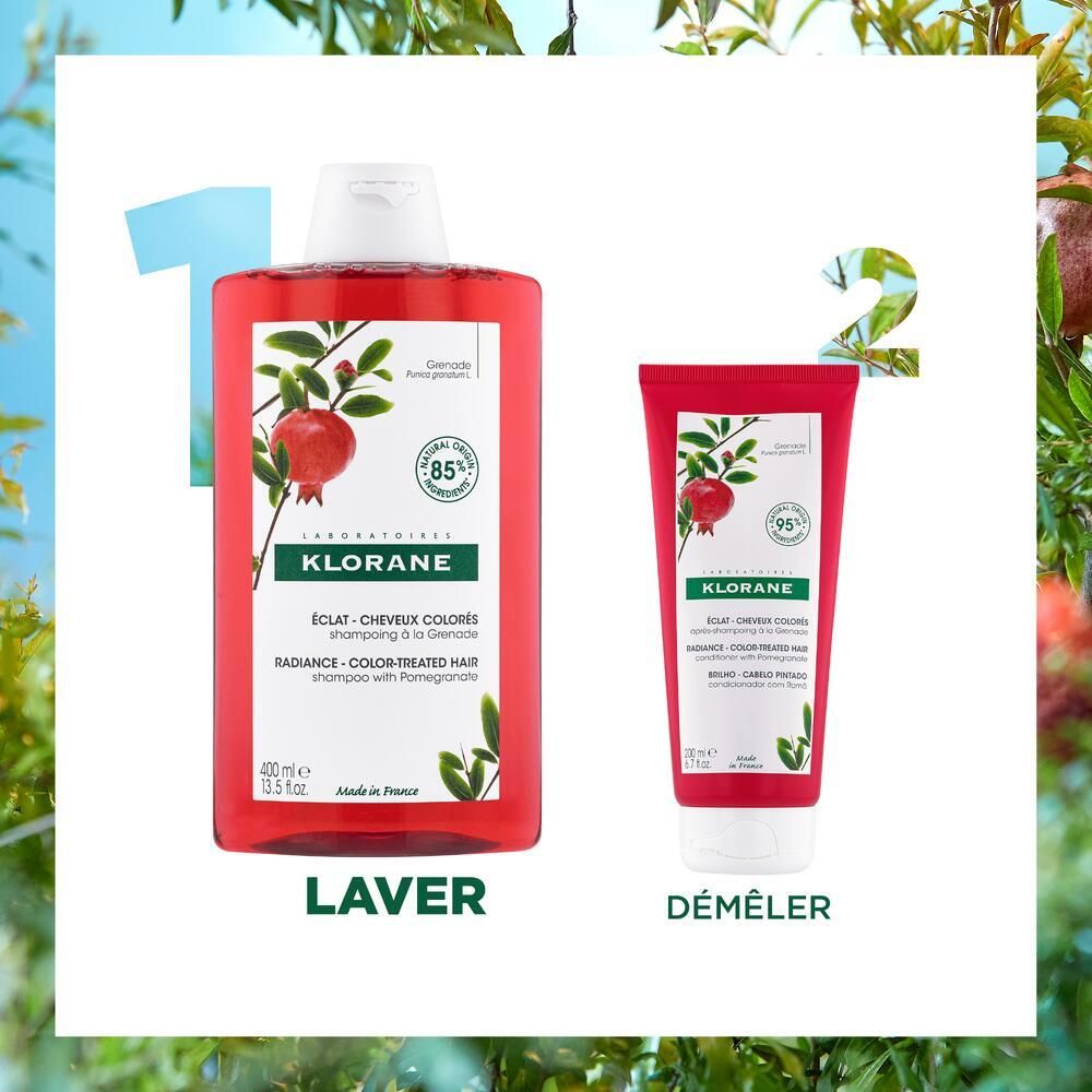 Deux produits: flacon de shampooing et tube. Tous deux rouges avec bouchon/fermeture blanc. Illustrations de grenade et logo KLORANE.