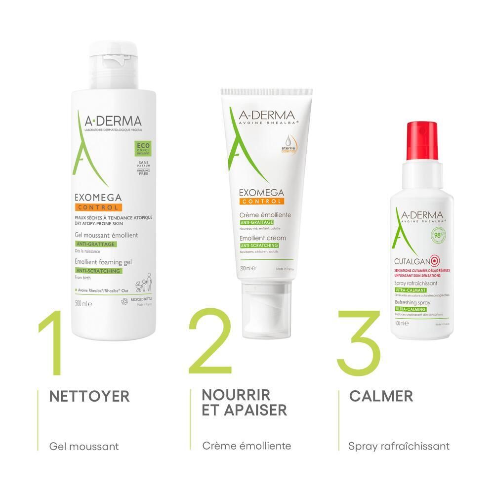 Drei A-DERMA Produkte: Reinigungsgel, Emollient Creme und Spray. Beschriftung: Reinigen, Nähren, Beruhigen.