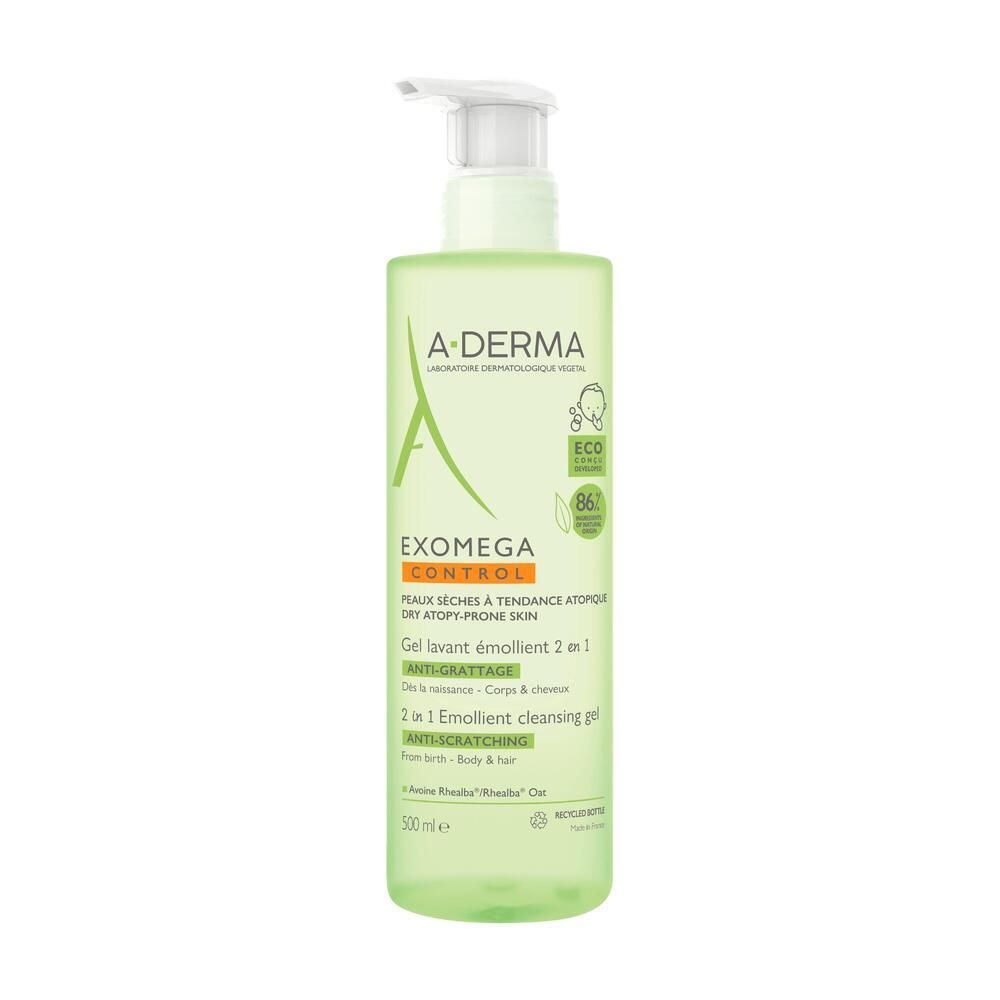 Flacon vert avec pompe. A-DERMA EXOMEGA CONTROL Gel lavant émollient 2 en 1. 500ml. Certification Eco.