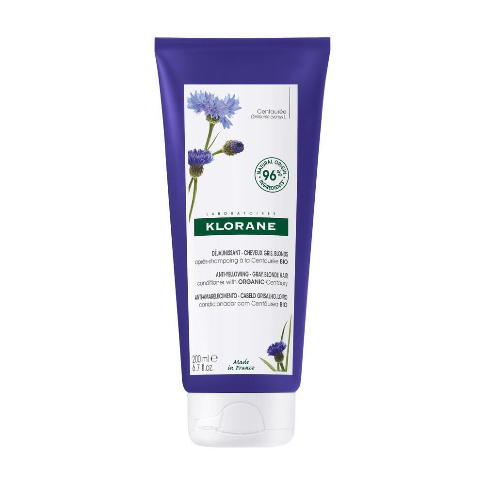 Blauwe tube met product. Opschrift: Klorane, korenbloem. 96% natuurlijke oorsprong. 200 ml.