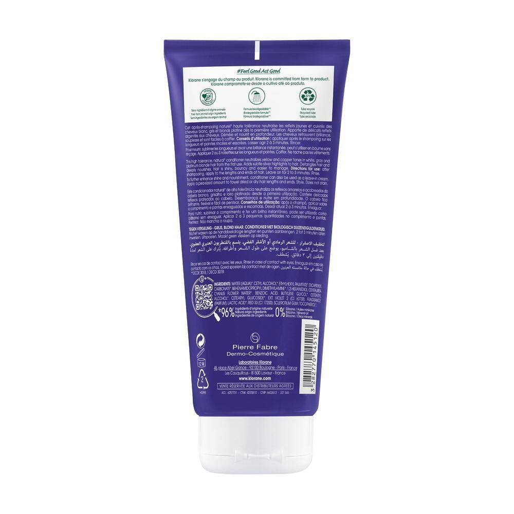 Achterkant van de blauwe tube. Tekst en logo's. 96% natuurlijke ingrediënten. QR-code en recyclingsymbolen.