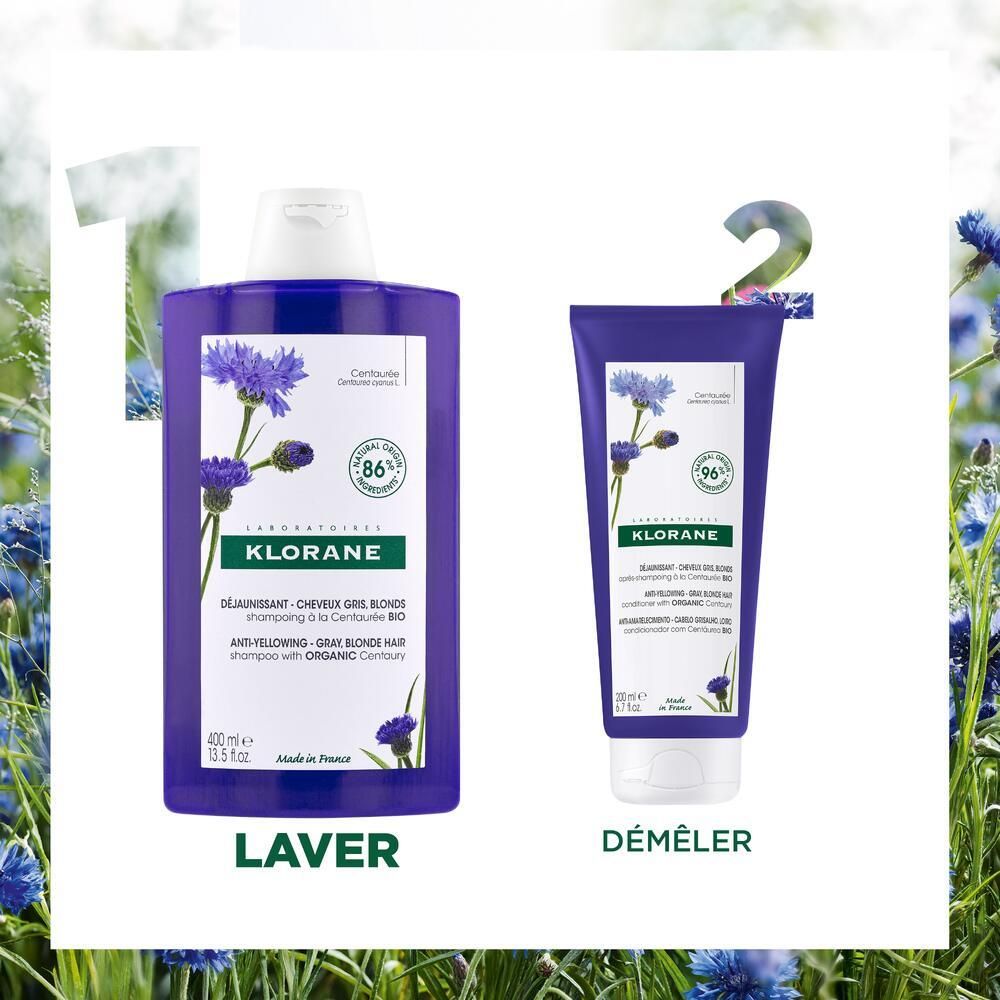 Zwei Produkte: Shampoo-Flasche und Tube. Beide violett mit weißem Deckel. Aufschrift: KLORANE. Etiketten mit Produktinformationen und floralem Hintergrund.