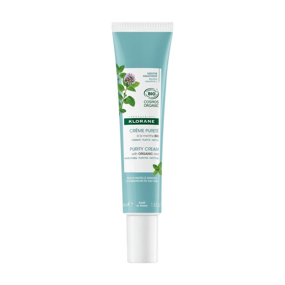 Tube KLORANE Crème Pureté. Design menthe. Certification Bio. Bouchon blanc. Illustration de feuilles de menthe.