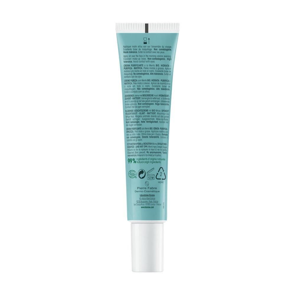 Dos du tube KLORANE Crème Pureté. Texte multilingue. Design menthe. Bouchon blanc.