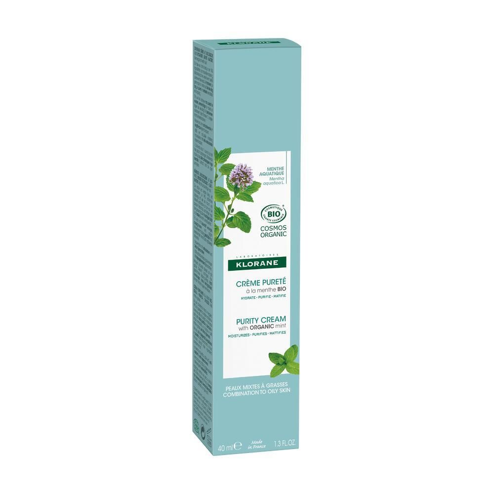 Emballage KLORANE Crème Pureté. Design menthe. Certification Bio. Texte. Illustration de feuilles de menthe.