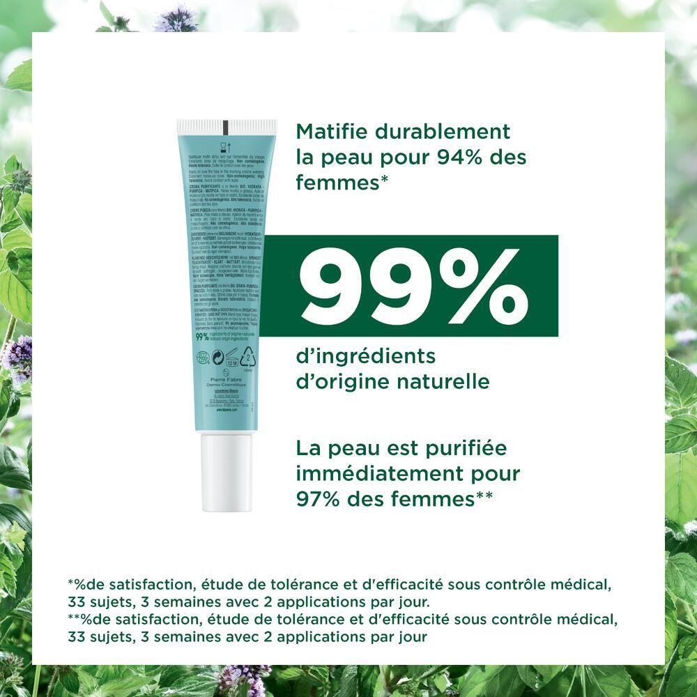 Texte sur fond blanc. 99% d'ingrédients d'origine naturelle. La peau est purifiée immédiatement.