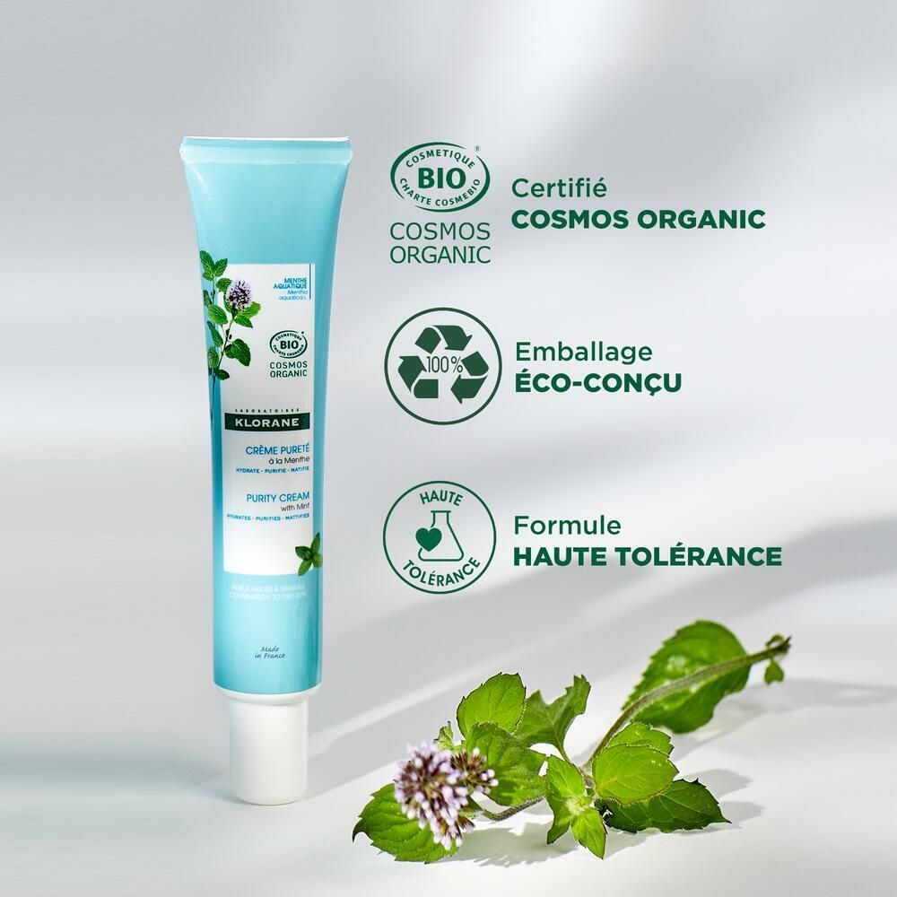 Tube KLORANE Crème Pureté. Certification Bio. Éco-conçu. Haute tolérance. Illustration de feuilles de menthe.
