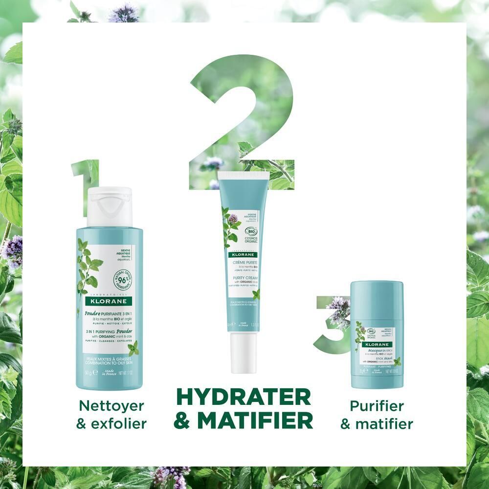 Trois produits : Nettoyer, Hydrater, Purifier. Produits KLORANE. Design menthe. Texte.