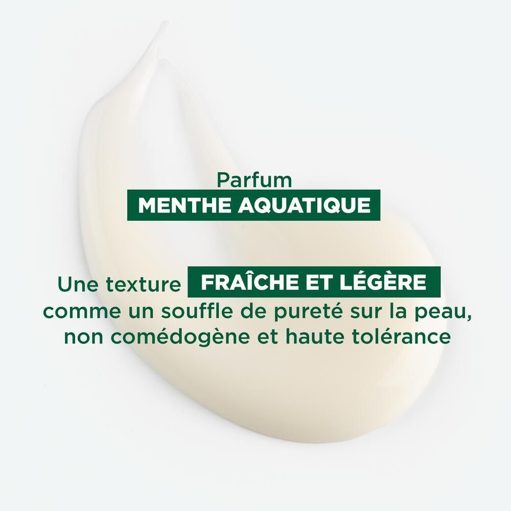 Texture crème. Texte : Fraîche et légère. Parfum : Menthe aquatique.