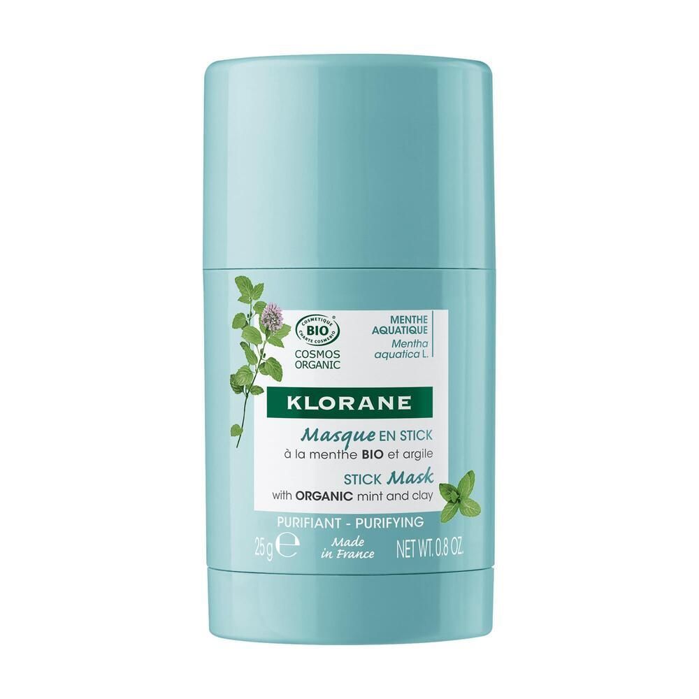 Zylindrische, hellblaue Stick-Maske. Aufschrift: KLORANE, Masque en Stick, mit Bio-Minze und Tonerde. Mit Bio-Zertifizierung.