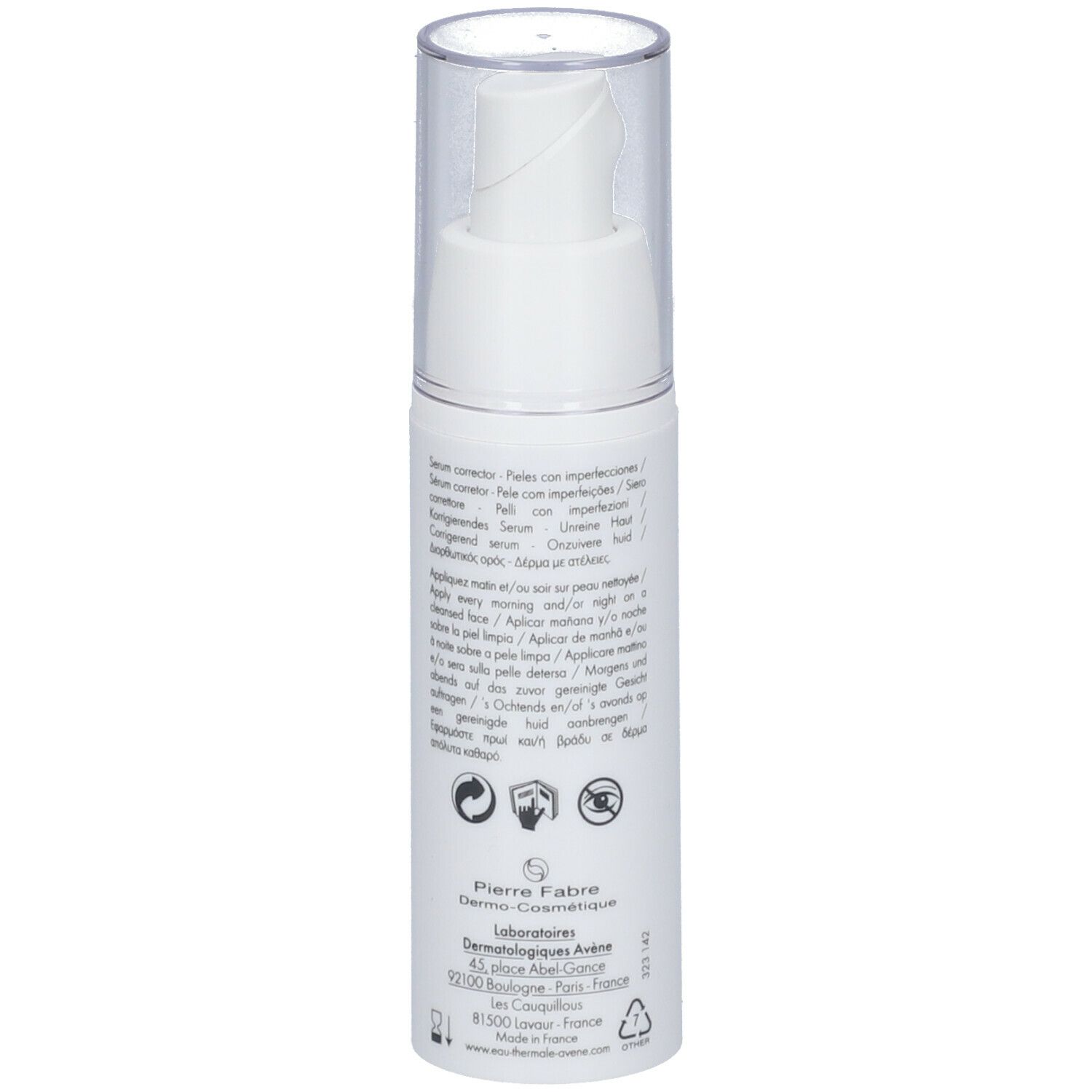 Flacon blanc avec pompe et bouchon transparent. Dos avec texte multilingue.