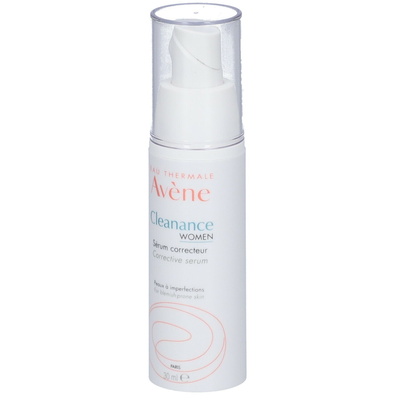 Flacon blanc avec pompe et bouchon transparent. Inscription : Avène Cleanance WOMEN Sérum correcteur.