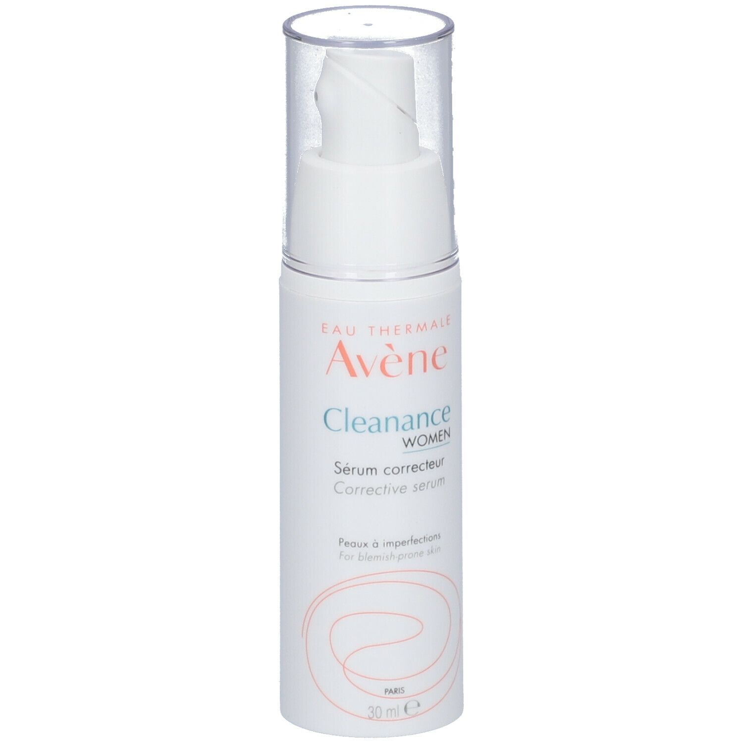 Flacon blanc avec pompe et bouchon transparent. Inscription : Avène Cleanance WOMEN Sérum correcteur.