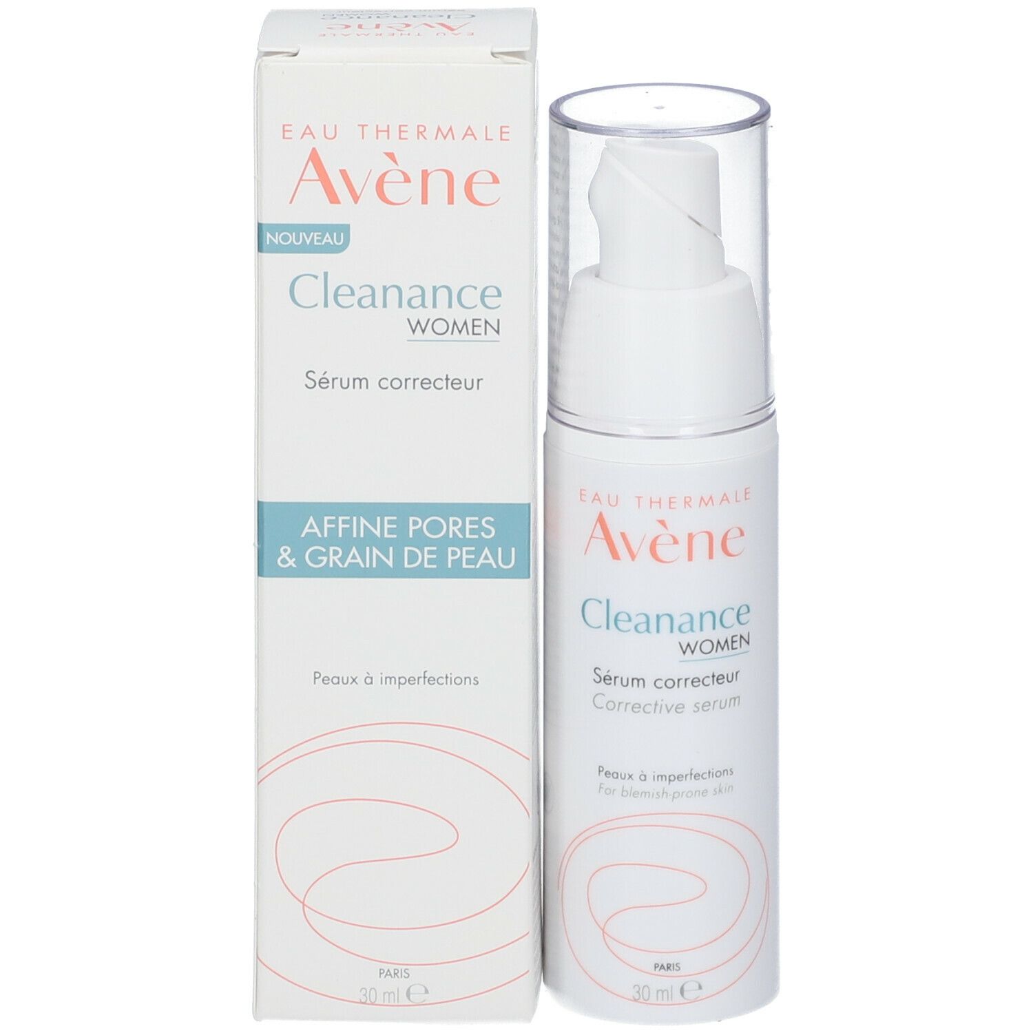 Flacon et emballage du produit. Inscription : Avène Cleanance WOMEN Sérum correcteur. Avec boîte.