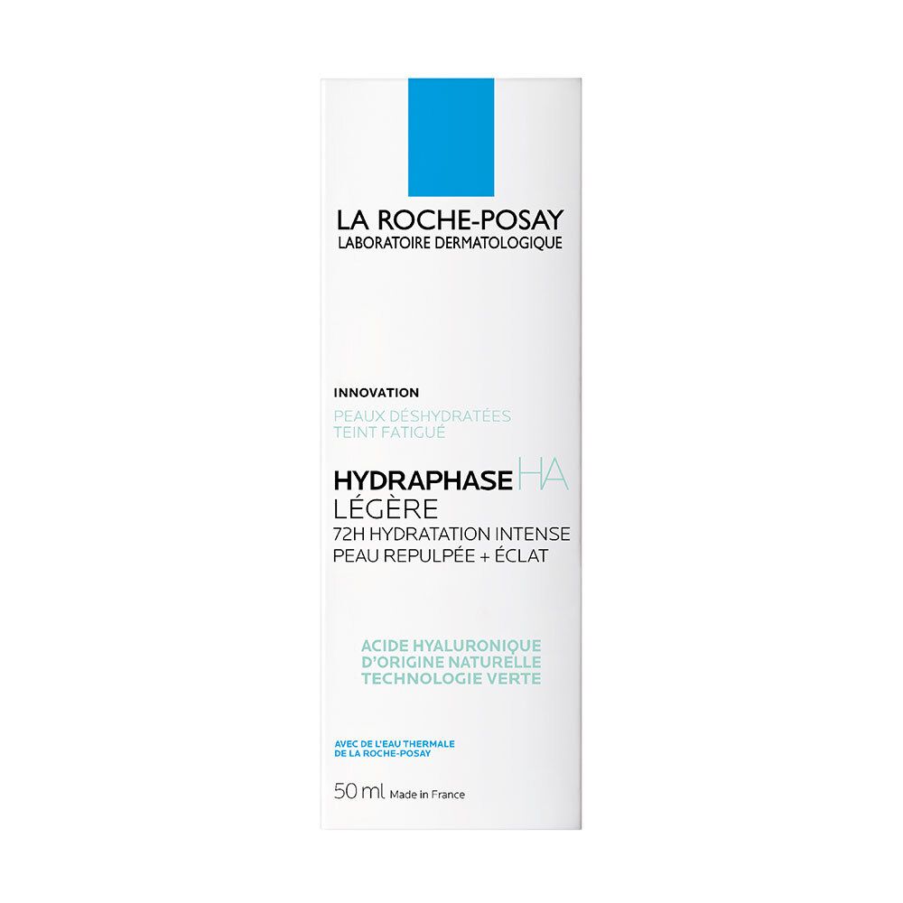 Emballage blanc avec bande bleue. Texte: La Roche-Posay, Hydraphase HA Légère. 50 ml.